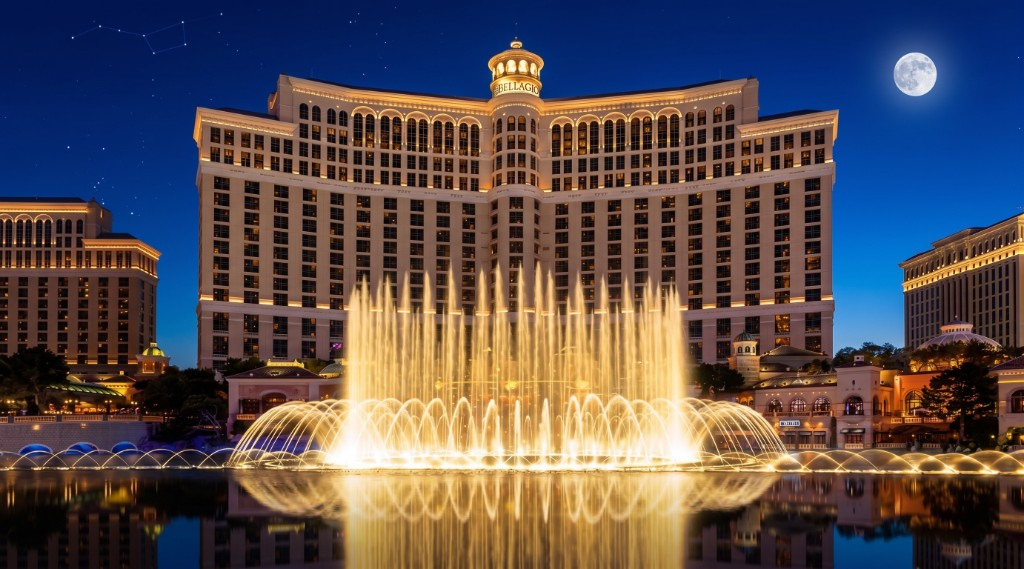 Bellagio fountains and hotel illuminated at night