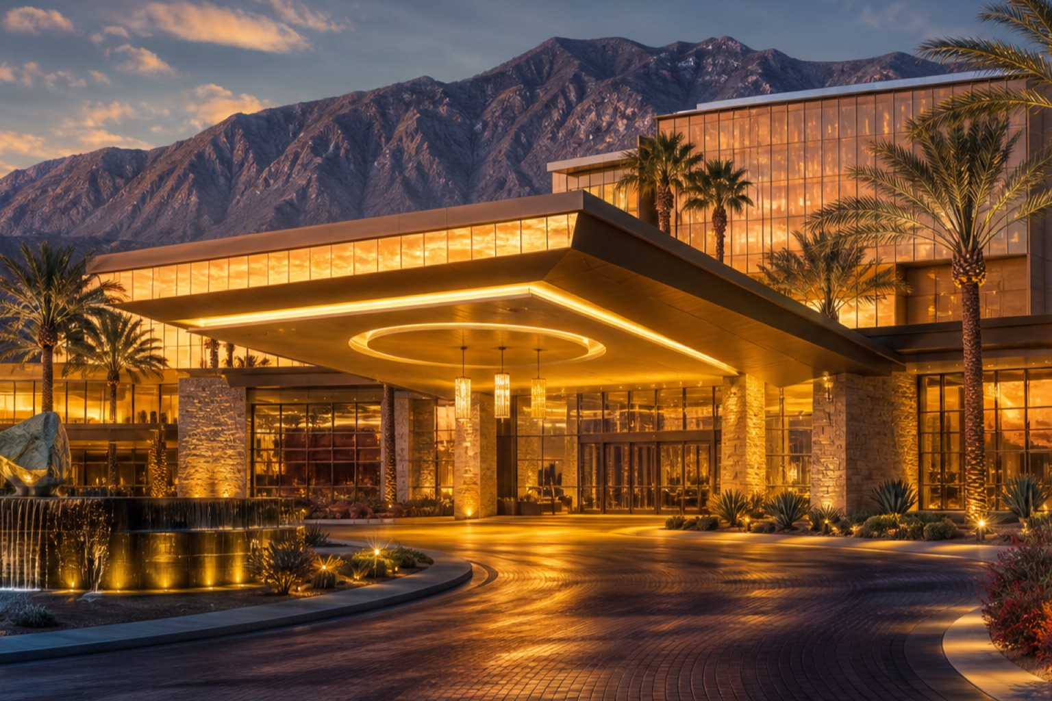 Luxury desert casino resort entrance at golden hour